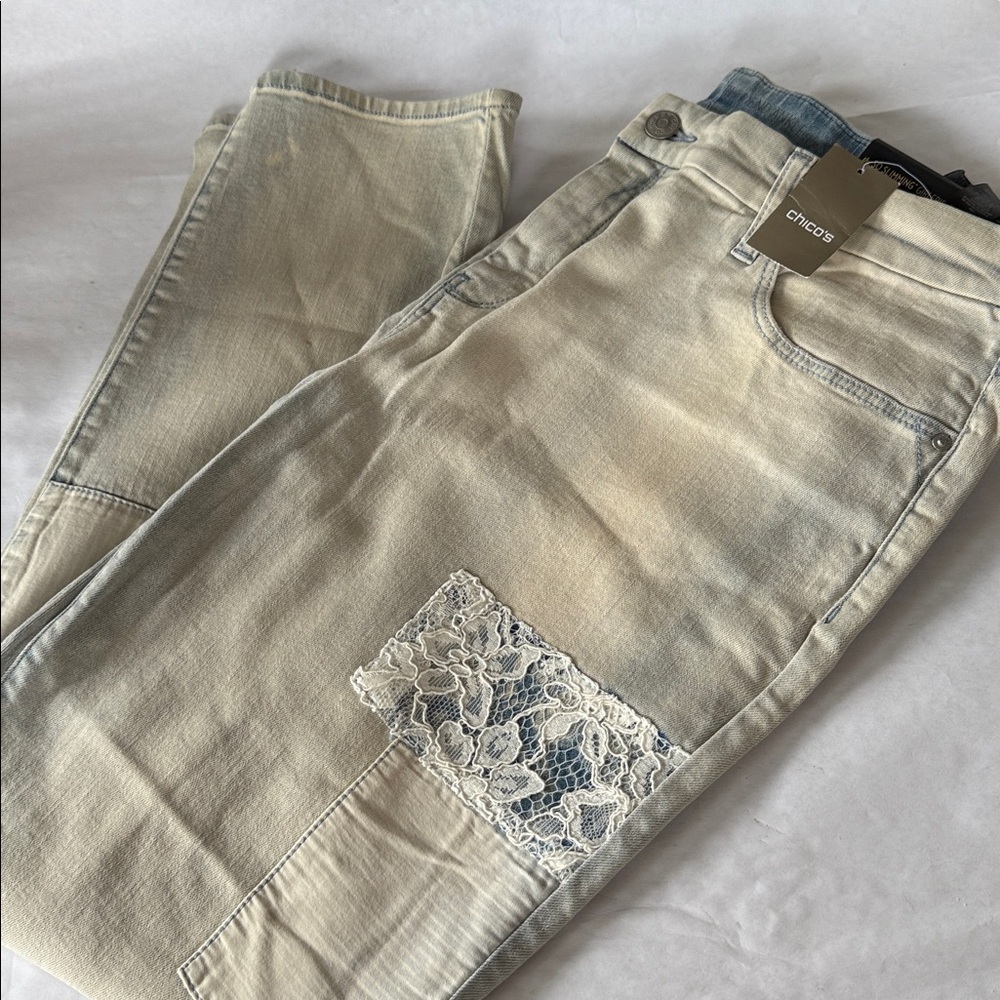 NWT Chico's Light Blue Girlfriend Ankle Jeans with Lace Patchwork. SO SLIMMING